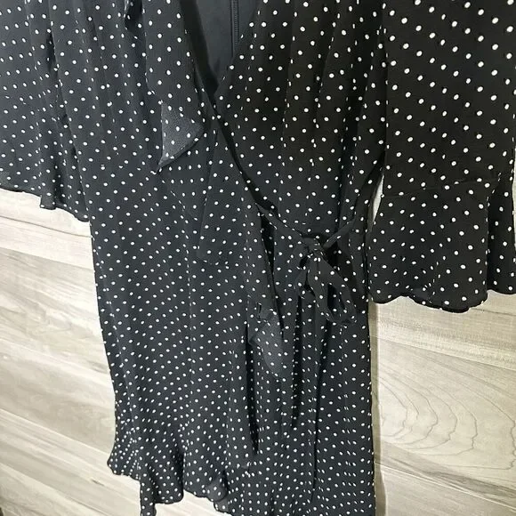 Adrianna Papell Womens Black Polka Dot Ruffle V-Neck Dress Size 0 - Picture 4 of 9